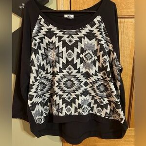 Willi Smith Women's Scoop Neck Aztec Print Pullover Sweater - Black/Gray